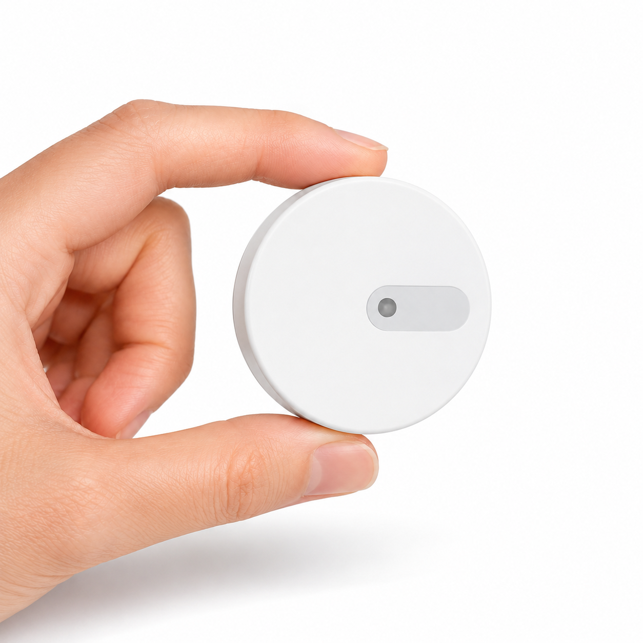 Hand holding compact round radar presence sensor