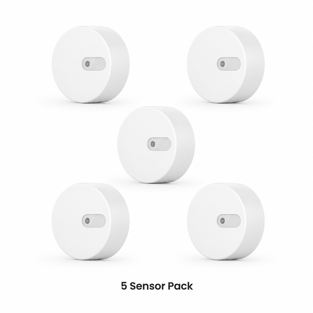 Studio packshot of five radar presence sensors