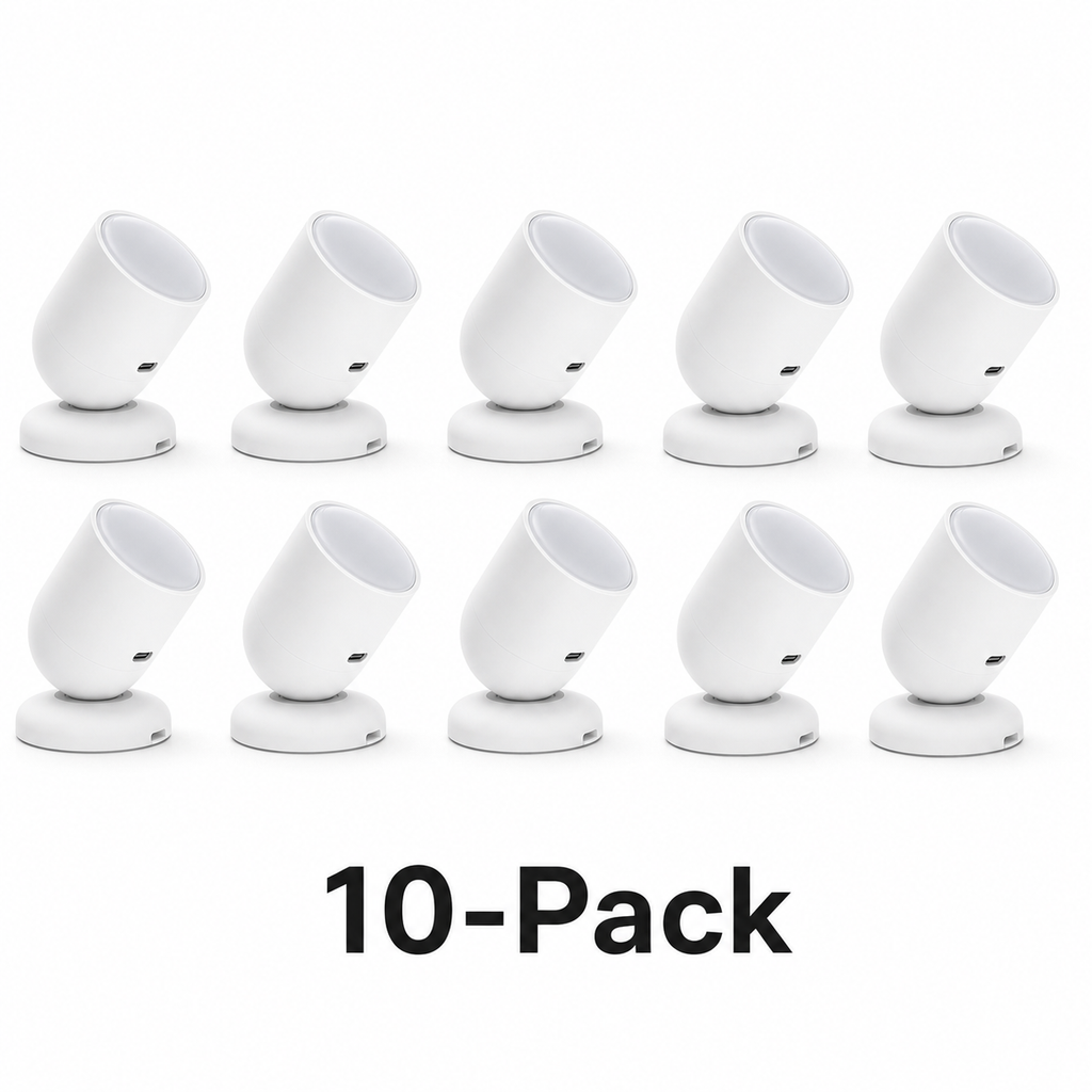 Studio packshot of ten white Zigbee radar presence sensors