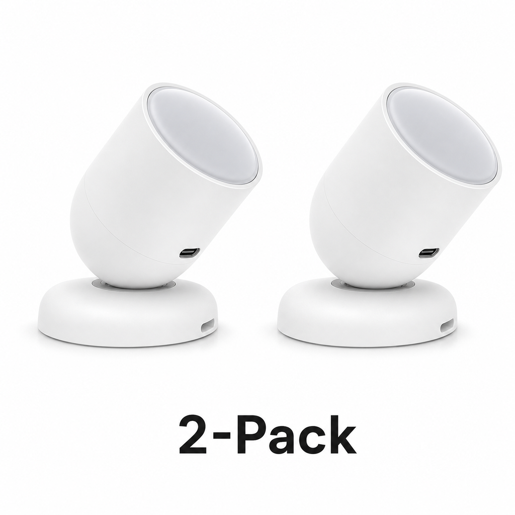 Studio packshot of two white Zigbee radar presence sensors