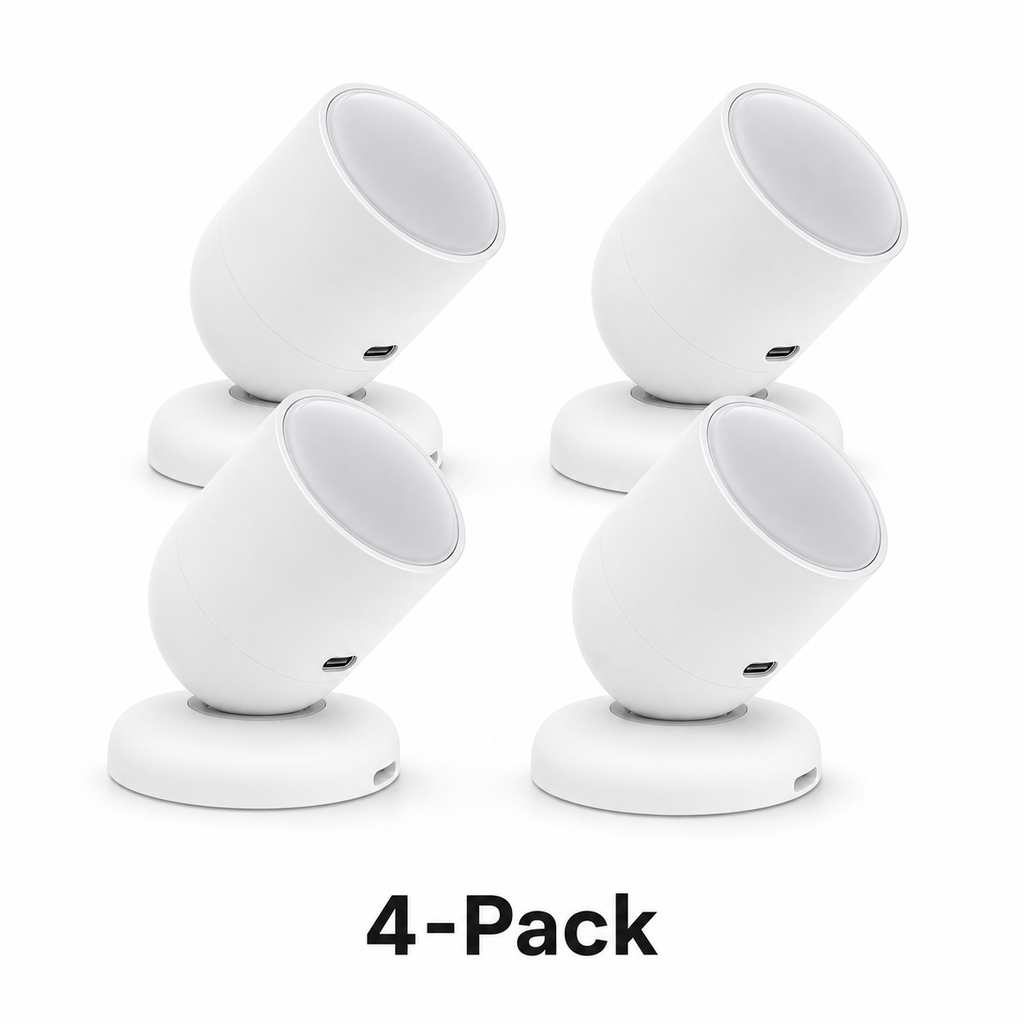 Studio packshot of four white Zigbee radar presence sensors
