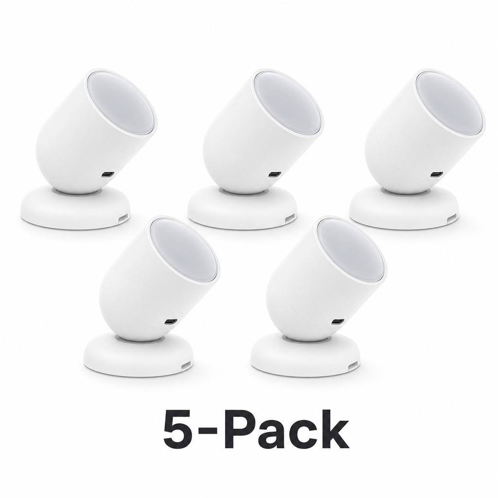 Studio packshot of five white Zigbee radar presence sensors