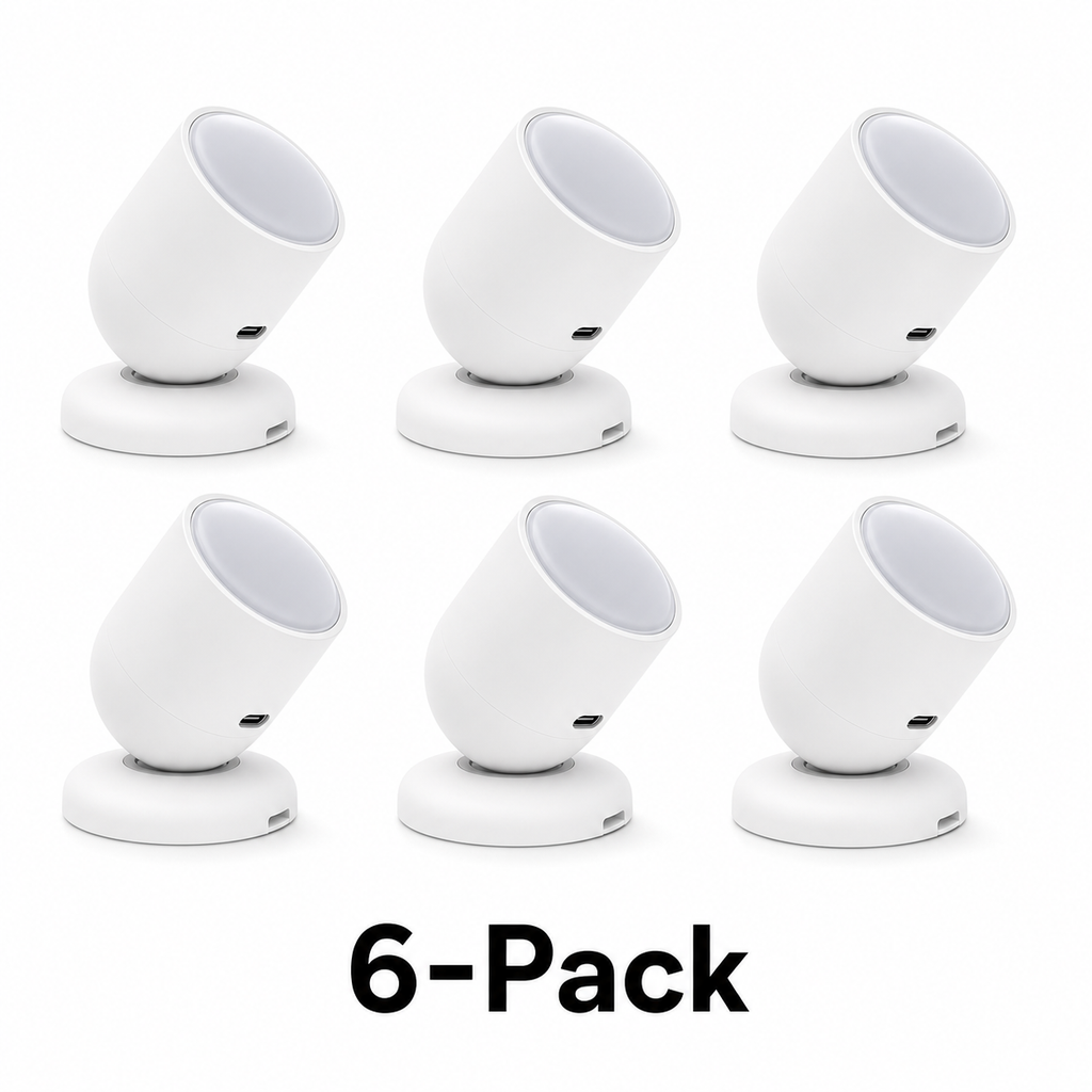 Studio packshot of six white Zigbee radar presence sensors