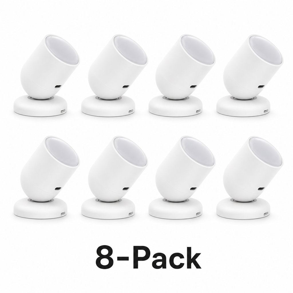 Studio packshot of eight white Zigbee radar presence sensors