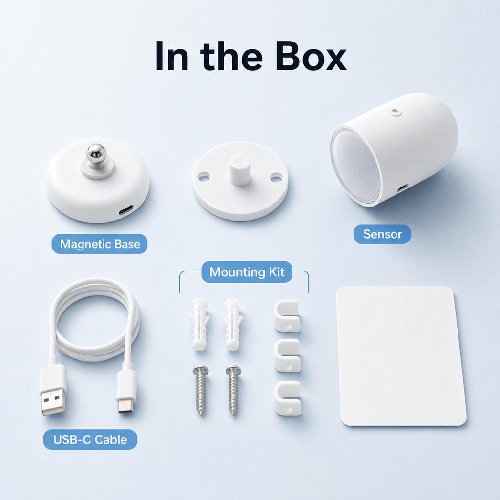 Box contents for a white Zigbee radar presence sensor with accessories