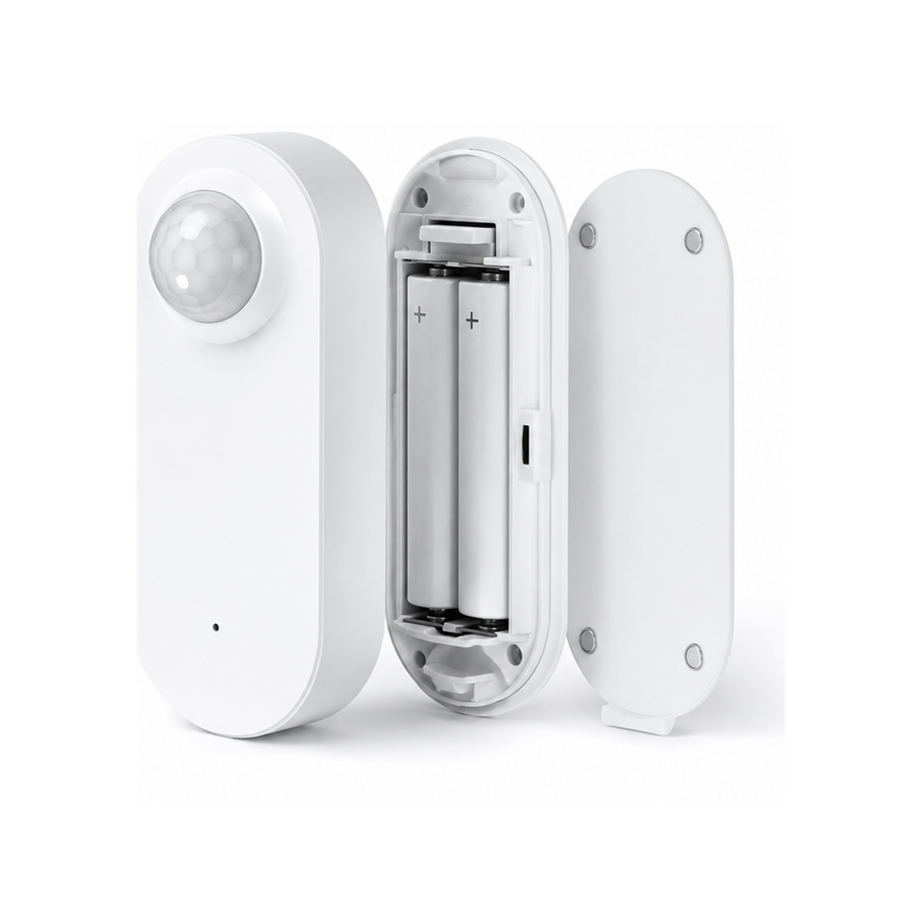 Détail du compartiment batterie du capteur NéoSense Radar Comfort sur fond blanc