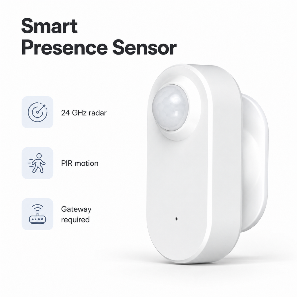 Studio packshot of smart presence radar sensor with wall mount and clean white background