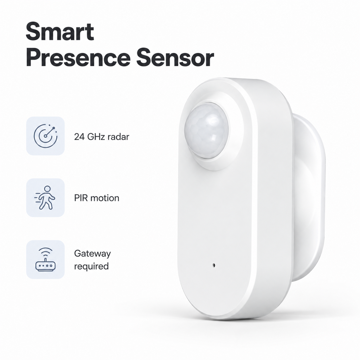 Studio packshot of smart presence radar sensor with wall mount and clean white background