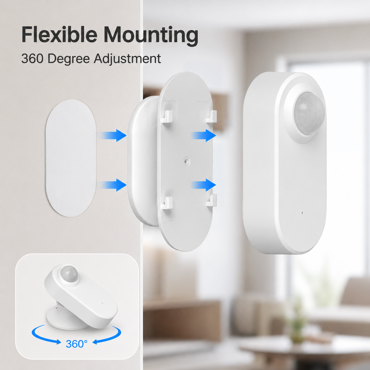 Flexible installation and 360 degree adjustment for compact presence sensor