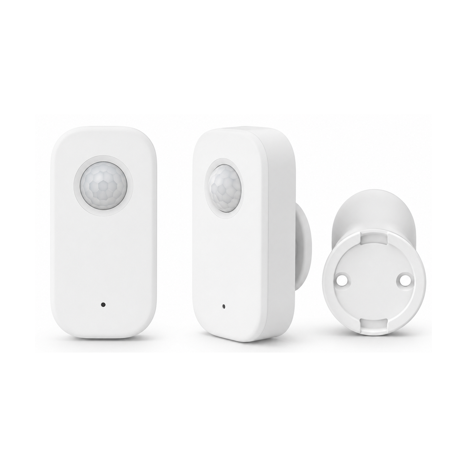 Vues avant, angle et support du capteur NéoSense Radar PIR Comfort sur fond blanc
