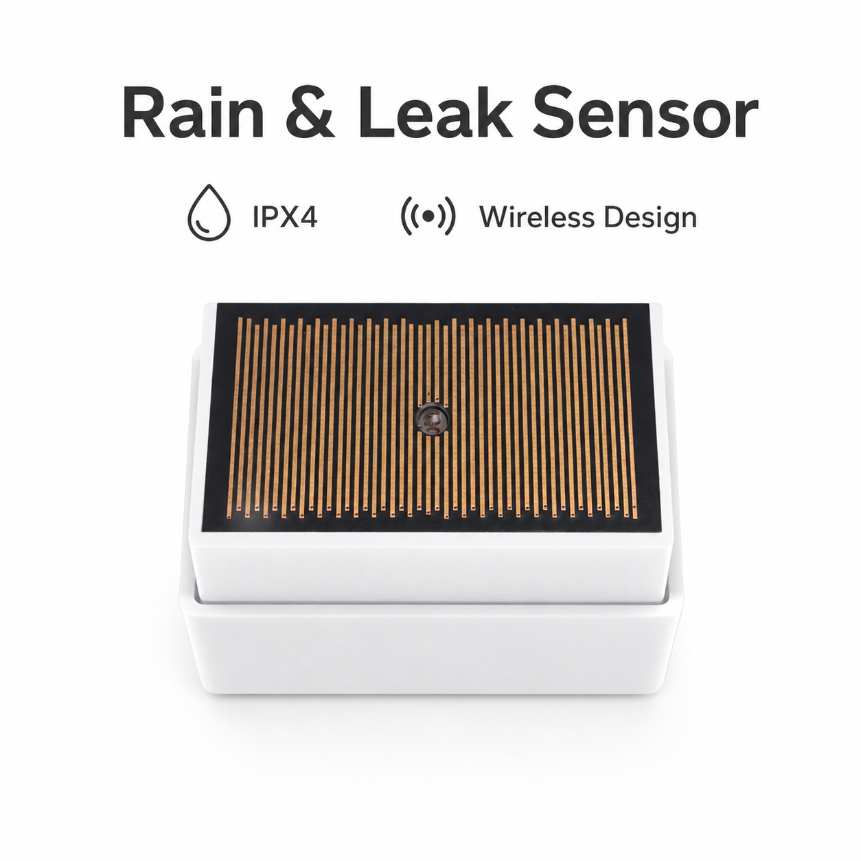 Studio packshot of white Zigbee rain and leak sensor