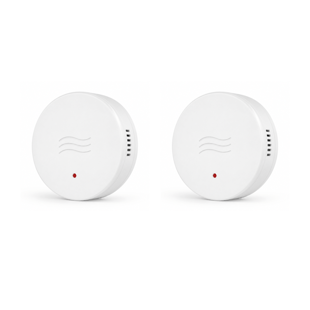 Deux capteurs vibration et inclinaison ZigBee NéoSense Vibration Comfort sur fond blanc