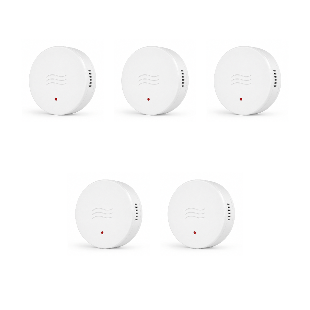 Cinq capteurs vibration et inclinaison ZigBee NéoSense Vibration Comfort sur fond blanc