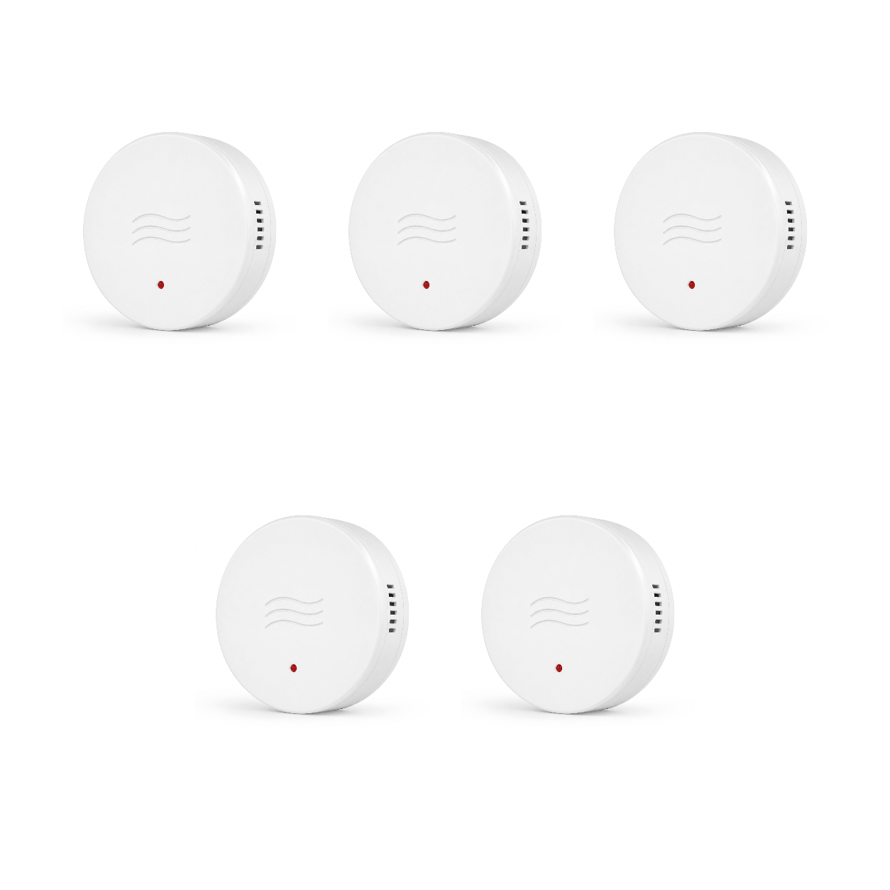 Cinq capteurs vibration et inclinaison ZigBee NéoSense Vibration Comfort sur fond blanc