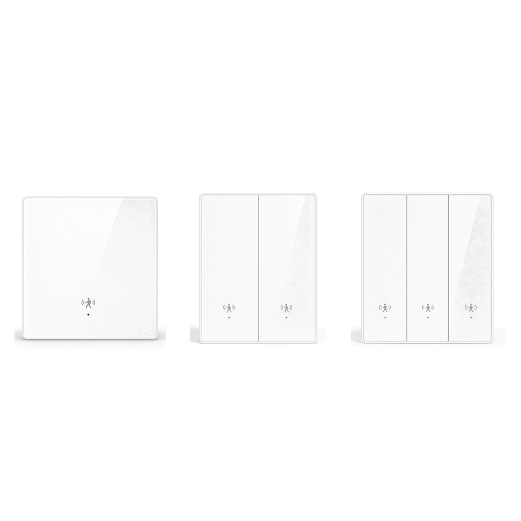 Interrupteurs capteur de présence ZigBee muraux 1, 2 et 3 touches sur fond blanc studio