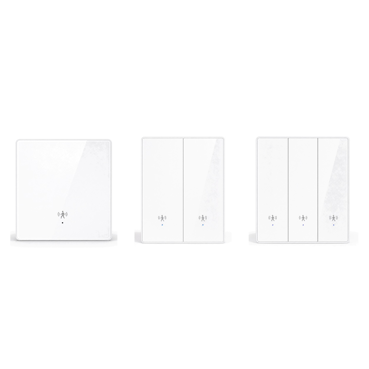 Interrupteurs capteur de présence ZigBee muraux 1, 2 et 3 touches sur fond blanc studio