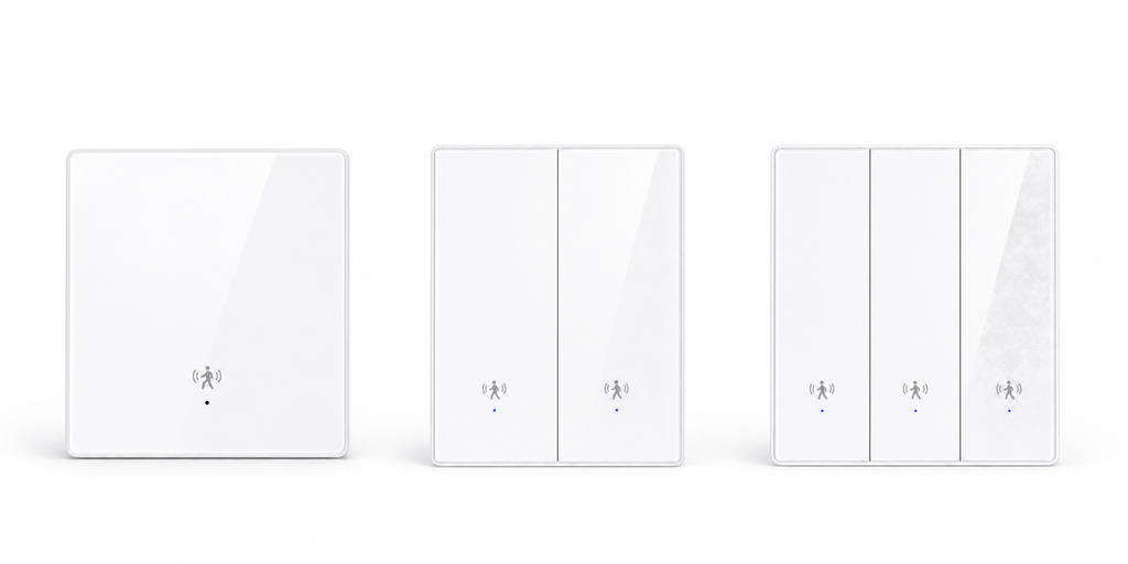 Studio packshot of NéoSense Wall Radar Comfort ZigBee presence switch variants with one, two and three touch panels