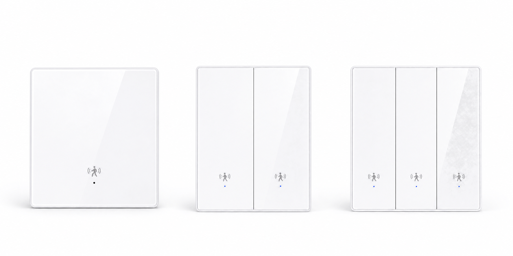 Studio packshot of NéoSense Wall Radar Comfort ZigBee presence switch variants with one, two and three touch panels