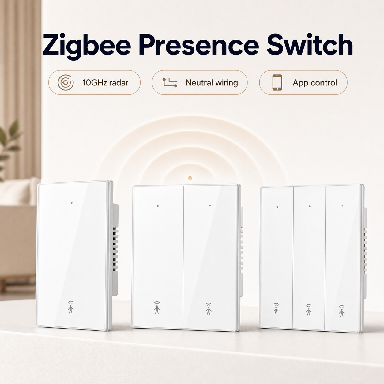 Studio packshot of Zigbee wall presence radar switch variants