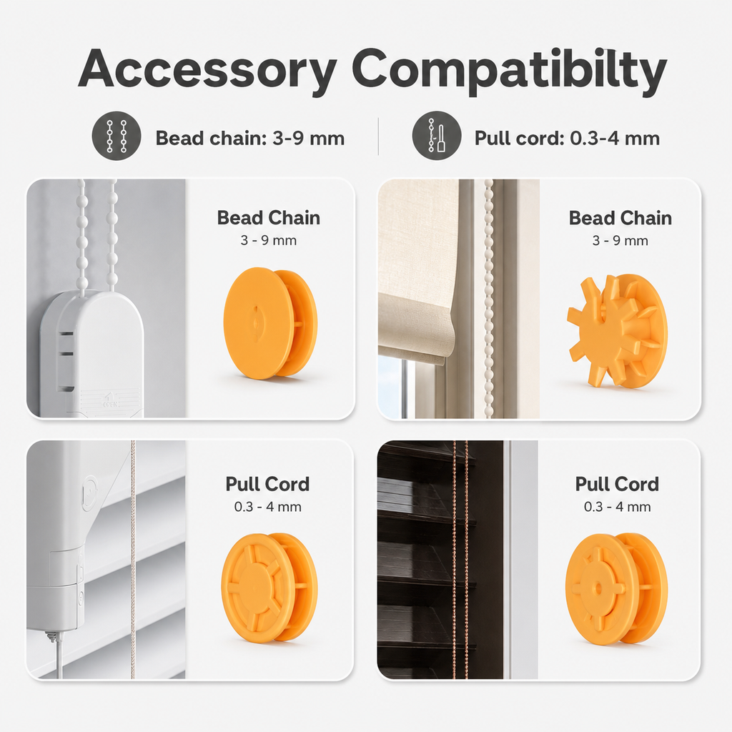 Accessory compatibility diagram for bead chain and pull cord blinds