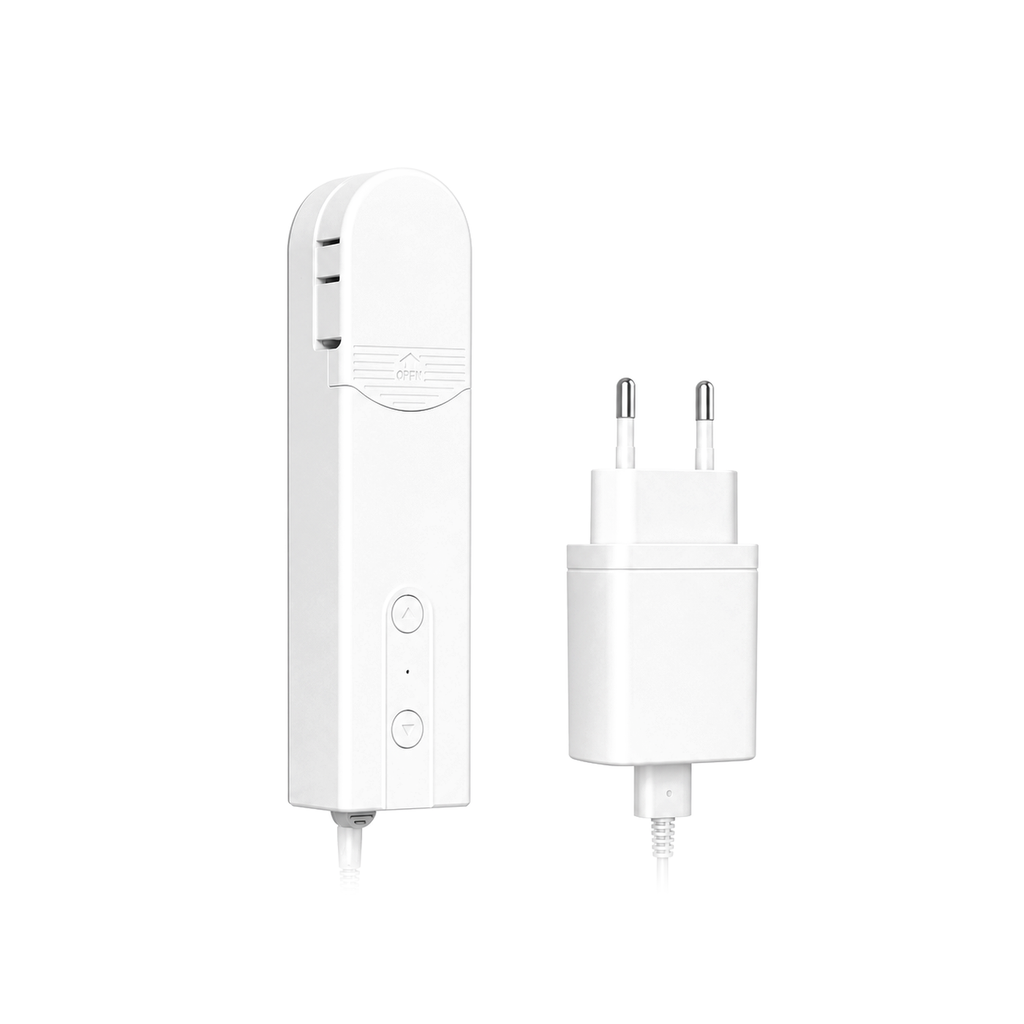 NeoShade Chain WiFi Comfort moteur chaine avec adaptateur europeen sur fond blanc
