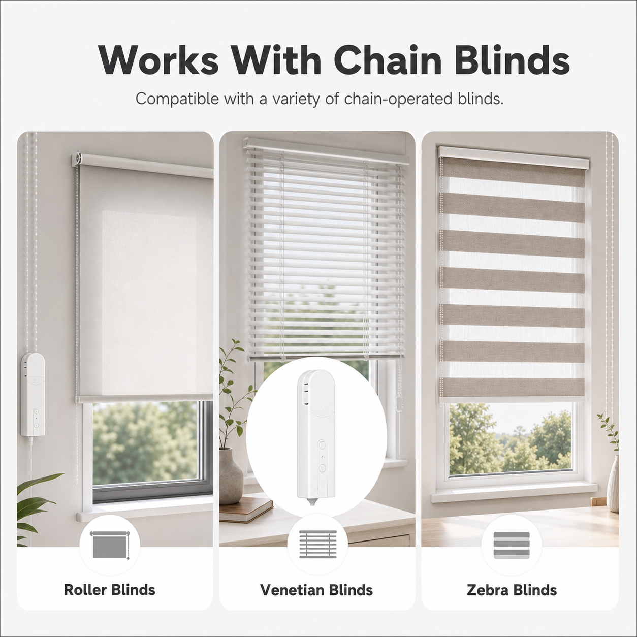 Chain blind compatibility panels for smart roller blinds motor