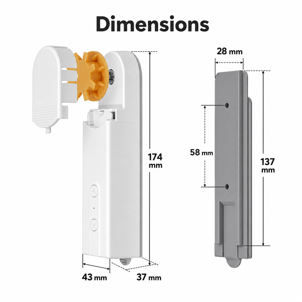 Dimensions diagram of WiFi chain roller blinds motor and mounting bracket