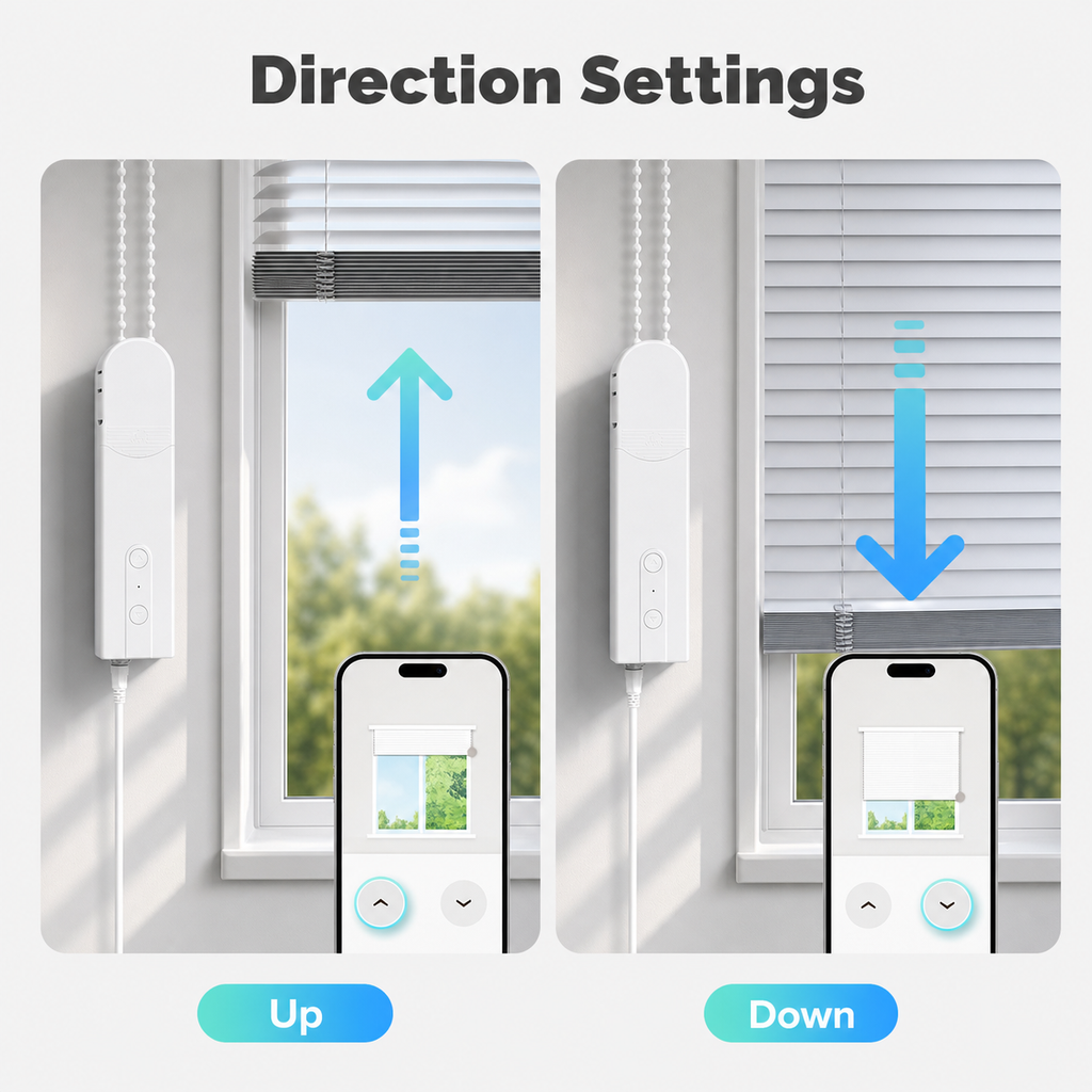 Direction settings visual for WiFi chain roller blinds motor