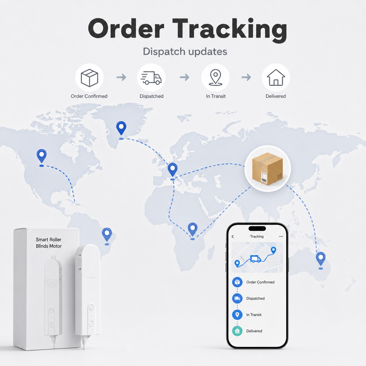 Order tracking map visual for smart blinds motor shipment