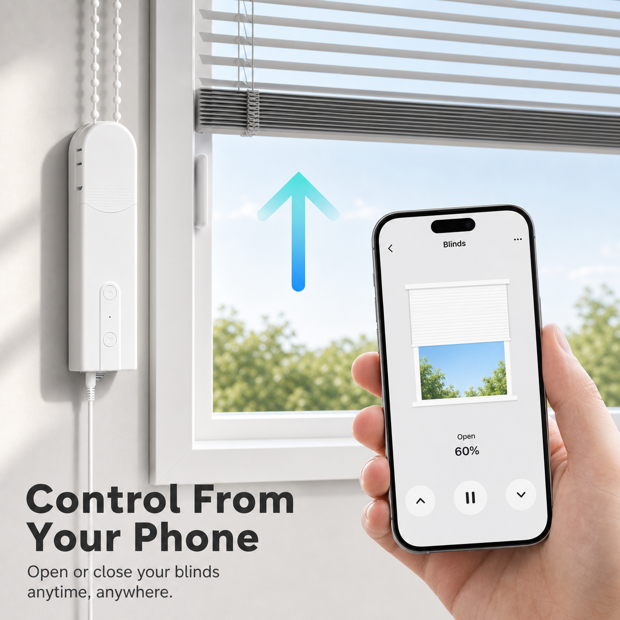 Phone control lifestyle image for WiFi roller blinds motor