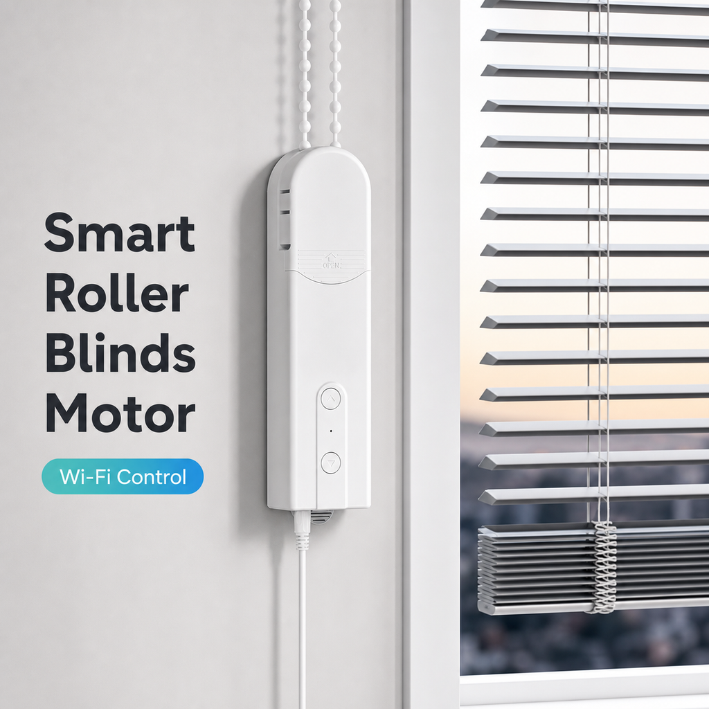 Studio product display of white WiFi chain roller blinds motor