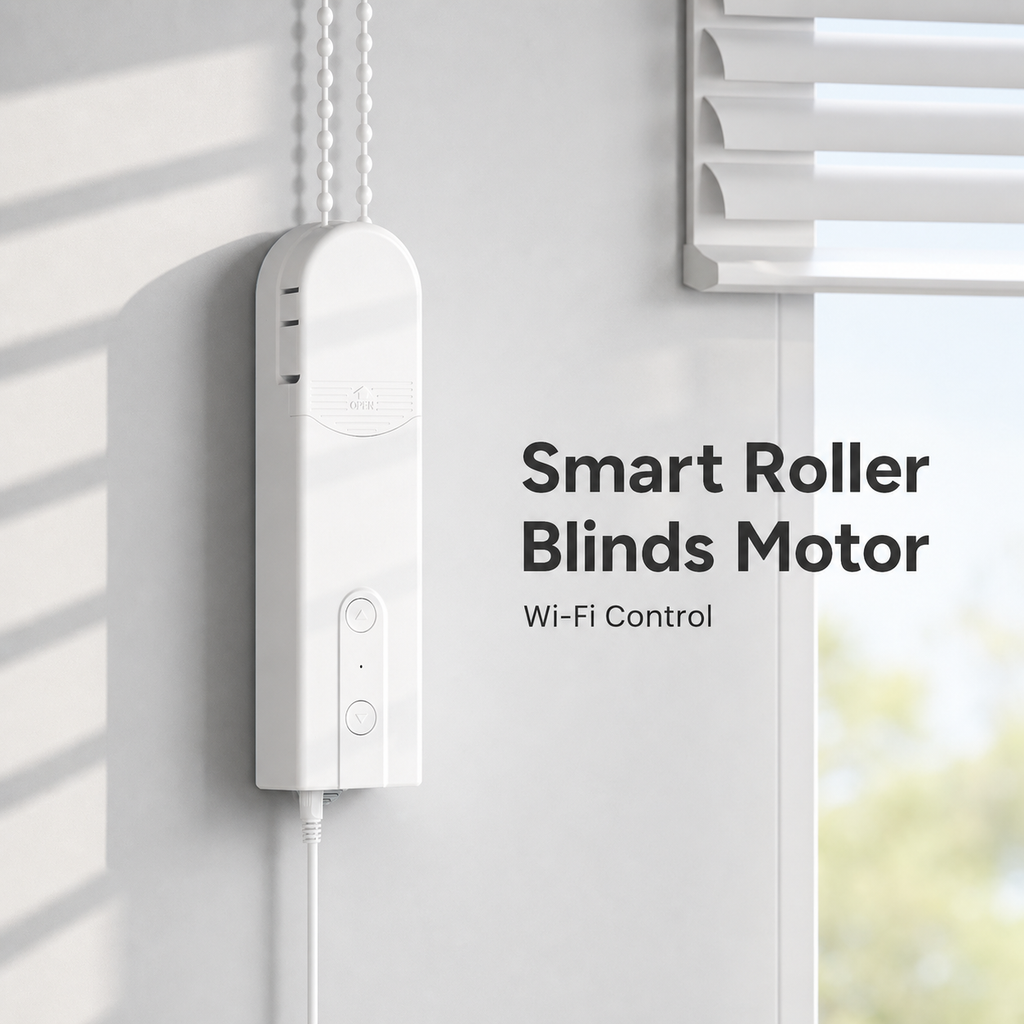 White WiFi chain roller blinds motor installed beside window blinds