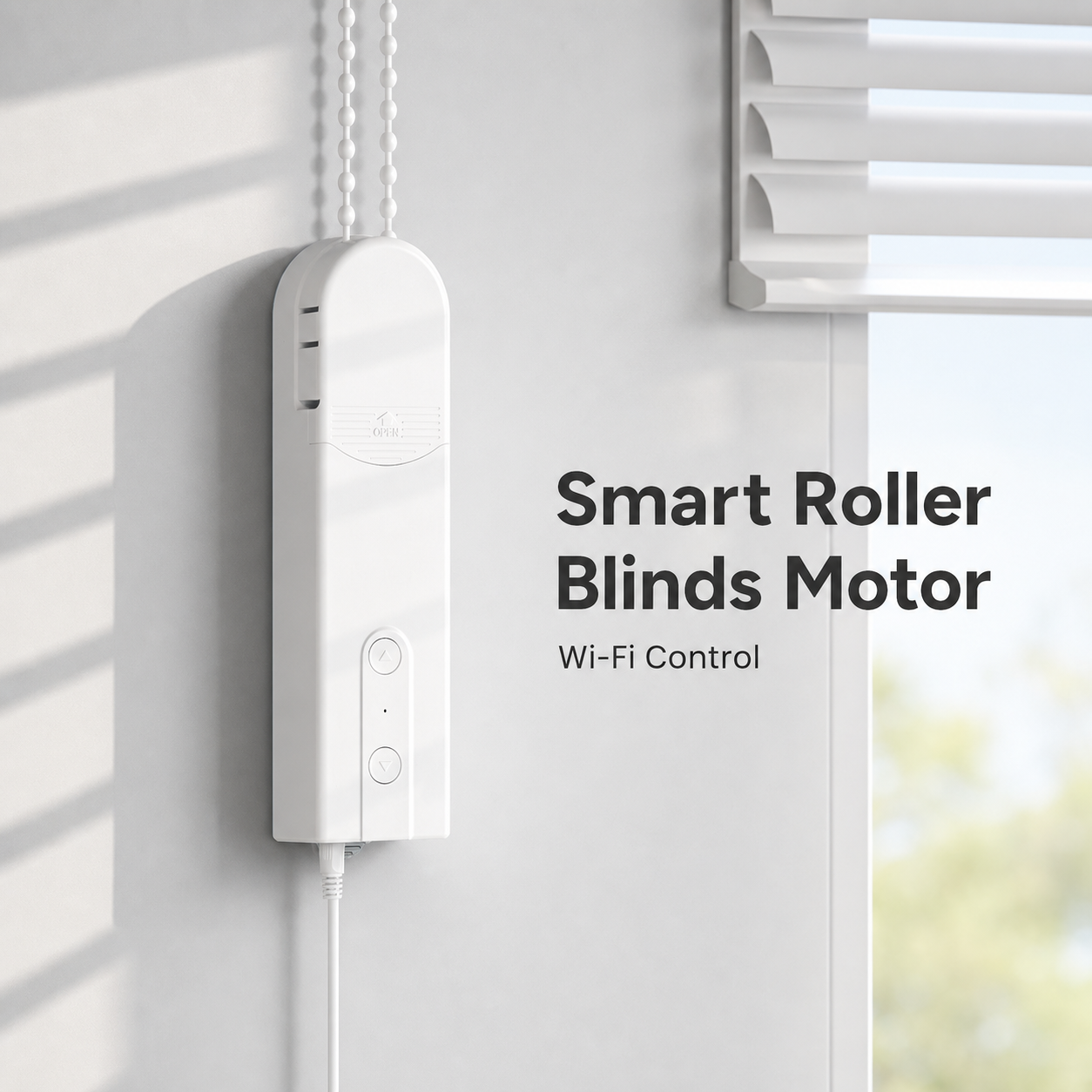 White WiFi chain roller blinds motor installed beside window blinds