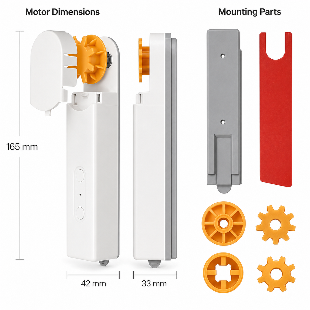 Dimensions and included mounting accessories for smart blind motor