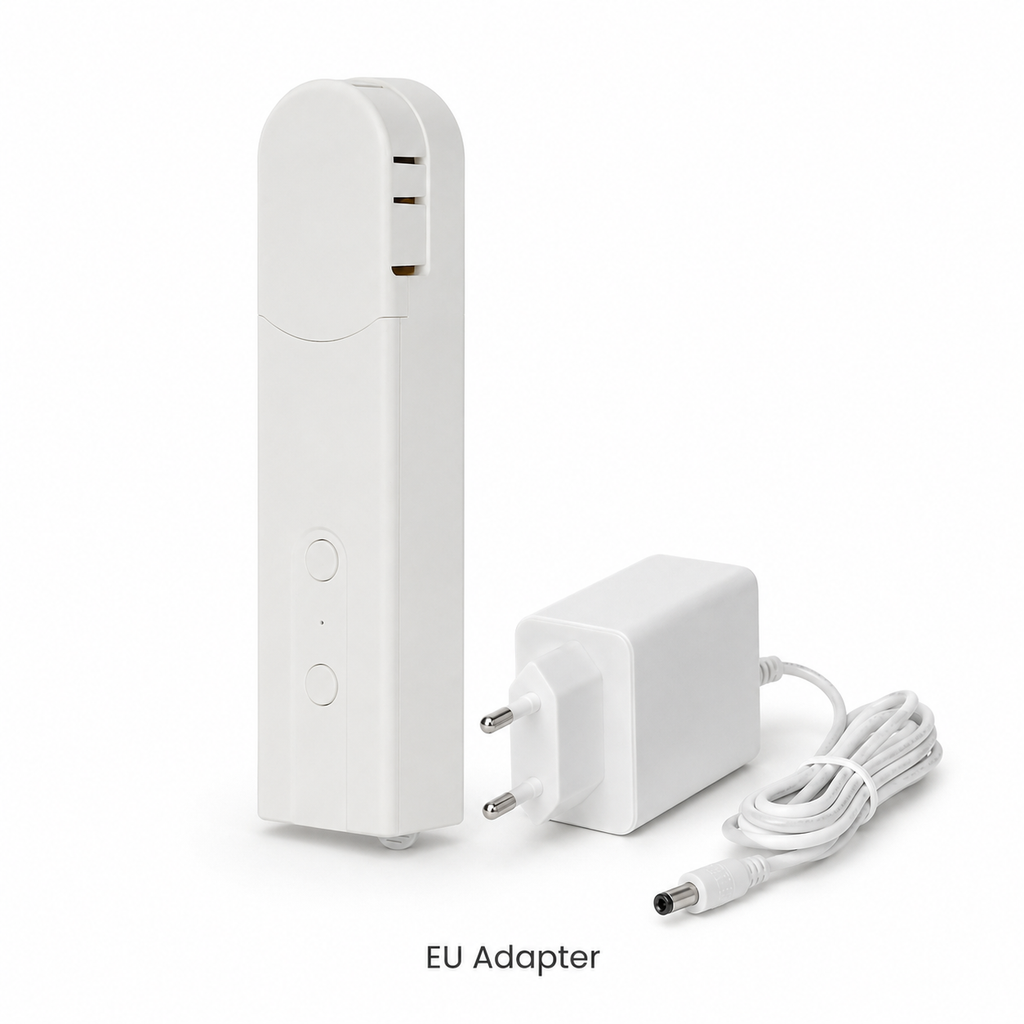 Studio variant image of smart blind motor with EU adapter