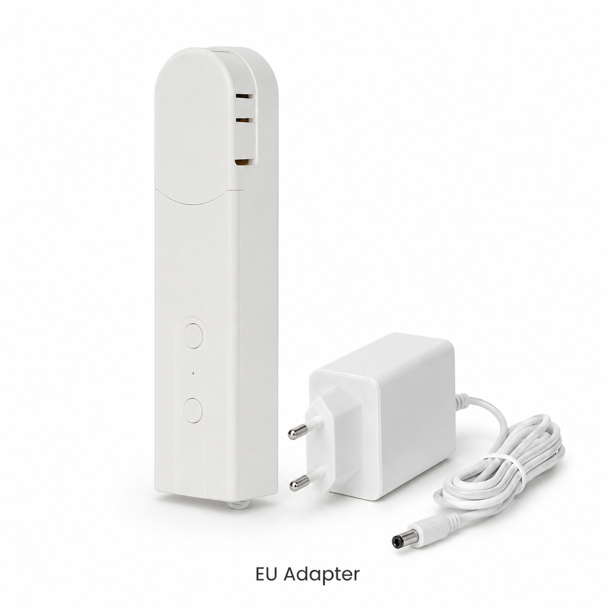 Studio variant image of smart blind motor with EU adapter