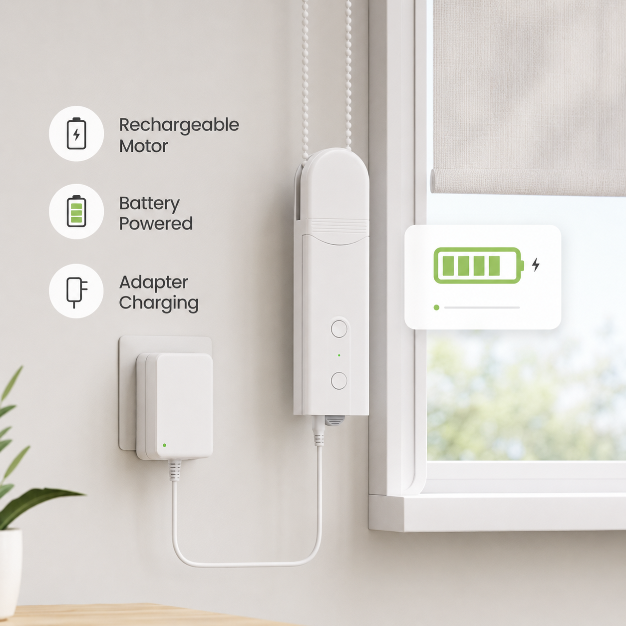 Rechargeable motor and adapter charging image for smart blind motor