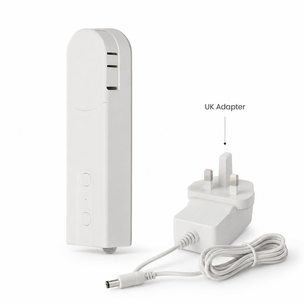 Studio variant image of smart blind motor with UK adapter