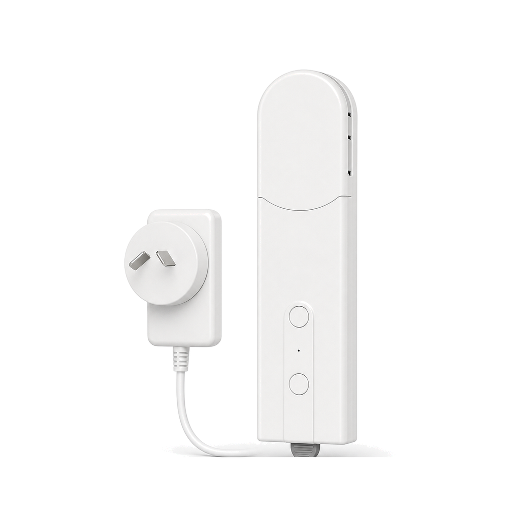 Motorisation store ZigBee NéoShade avec adaptateur AU sur fond blanc