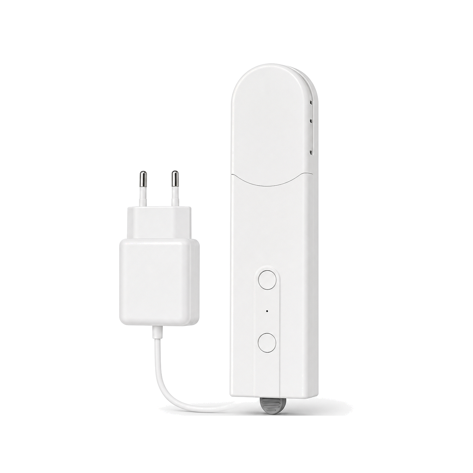 Motorisation store ZigBee NéoShade avec adaptateur européen sur fond blanc