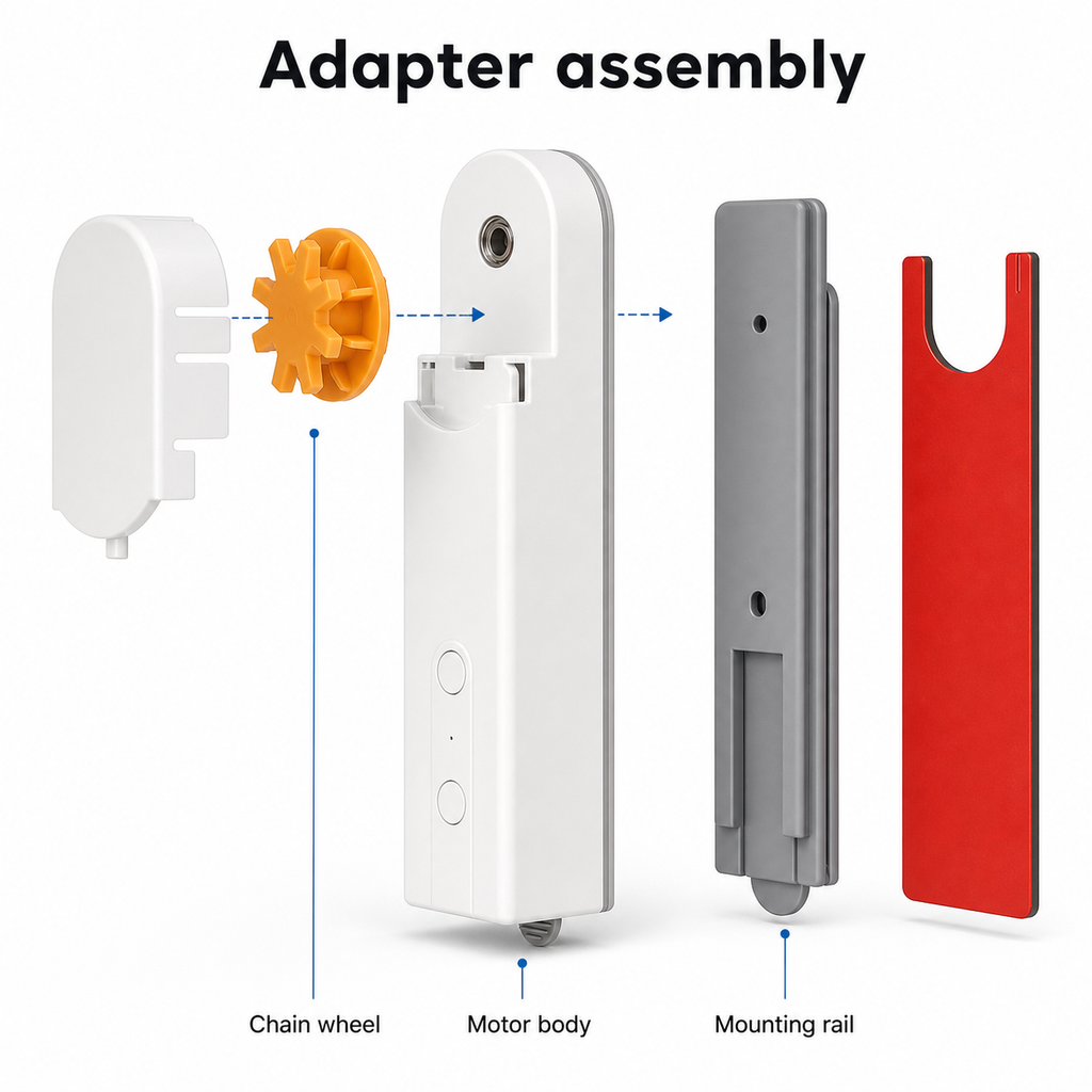 Exploded adapter assembly view for the smart roller blind motor and chain wheel