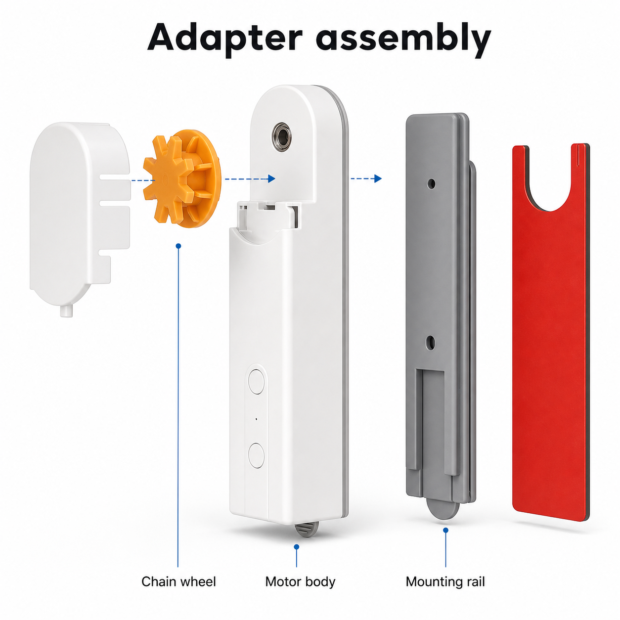 Exploded adapter assembly view for the smart roller blind motor and chain wheel