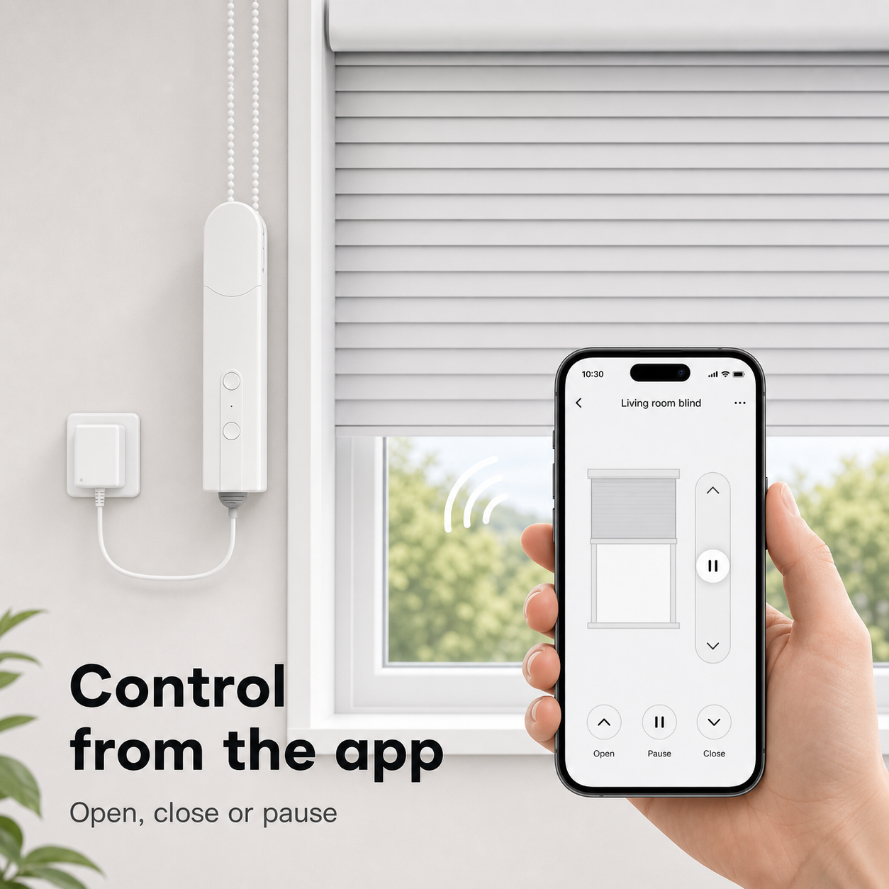 Smart shade motor installed beside a window blind with generic app control on a phone