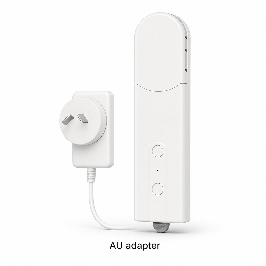 NéoShade smart shade motor variant with AU power adapter on white background