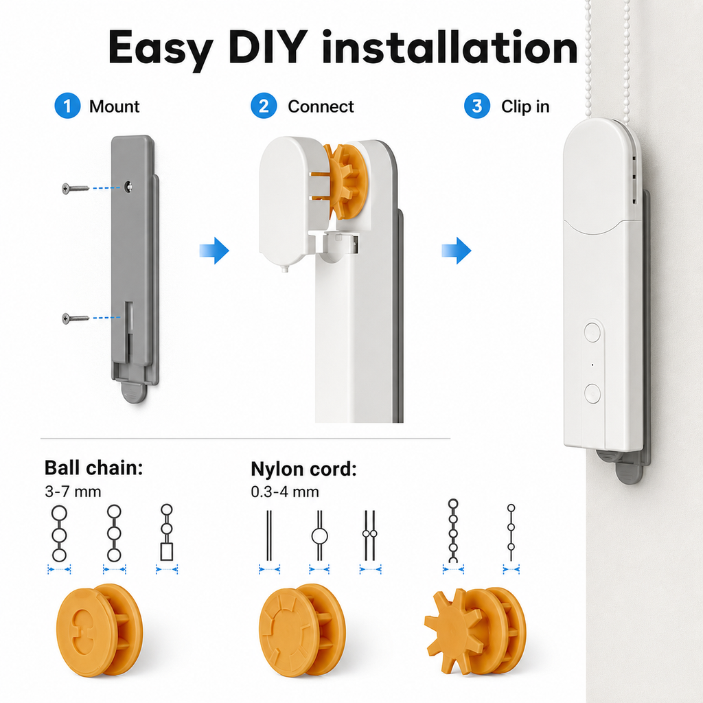 DIY installation diagram showing chain and cord compatibility for the smart shade motor