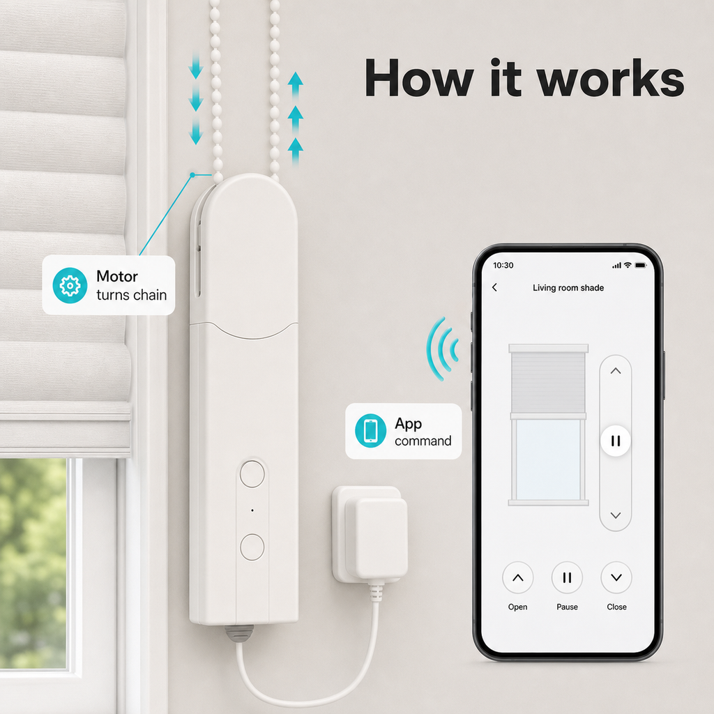 How it works image showing app command turning the blind chain through the smart shade motor
