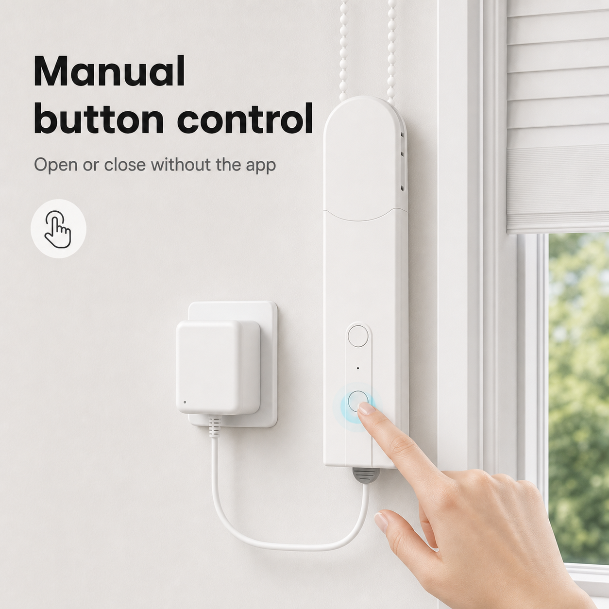 Manual button control on the installed smart shade motor beside a window