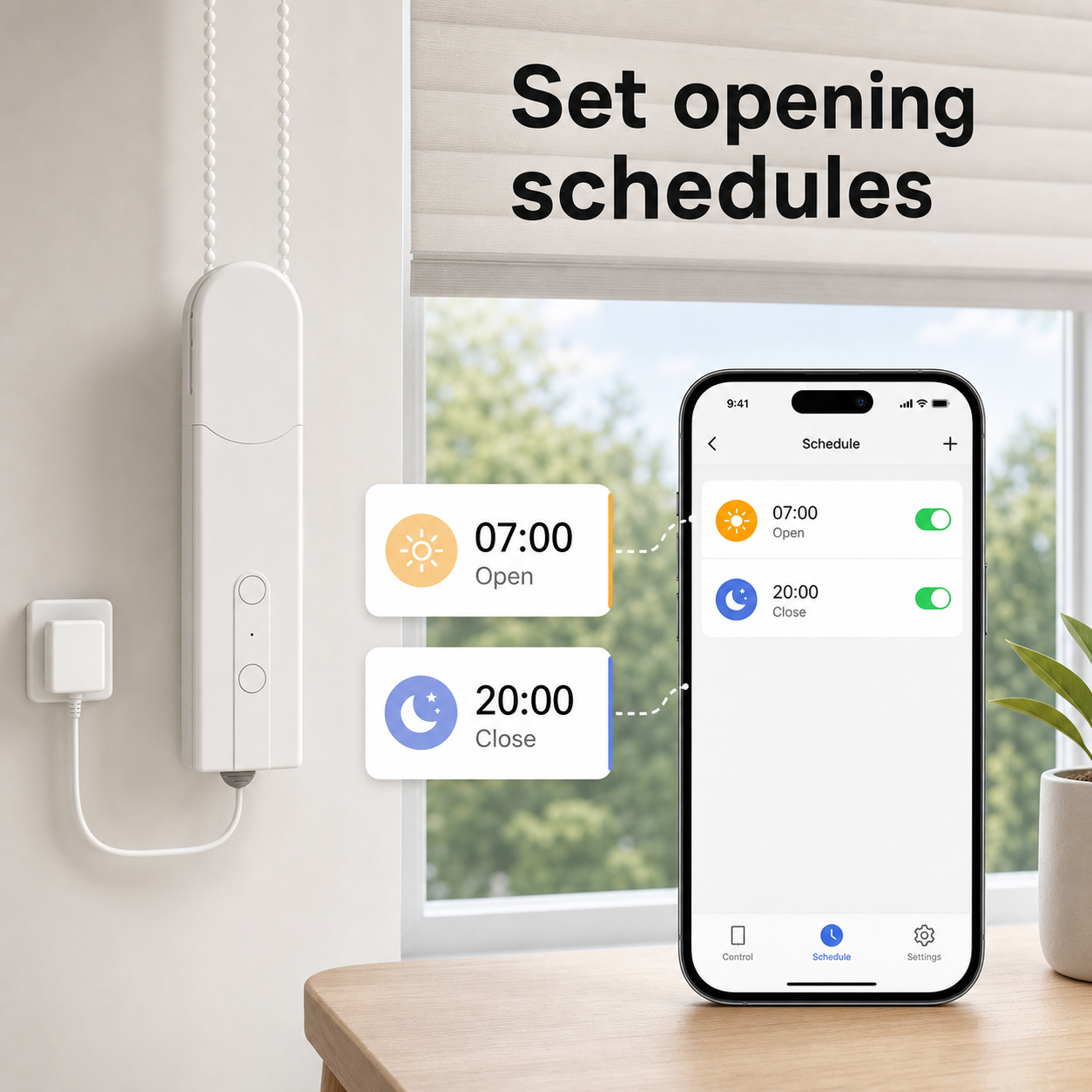 Schedule feature image for opening and closing smart blinds from an app