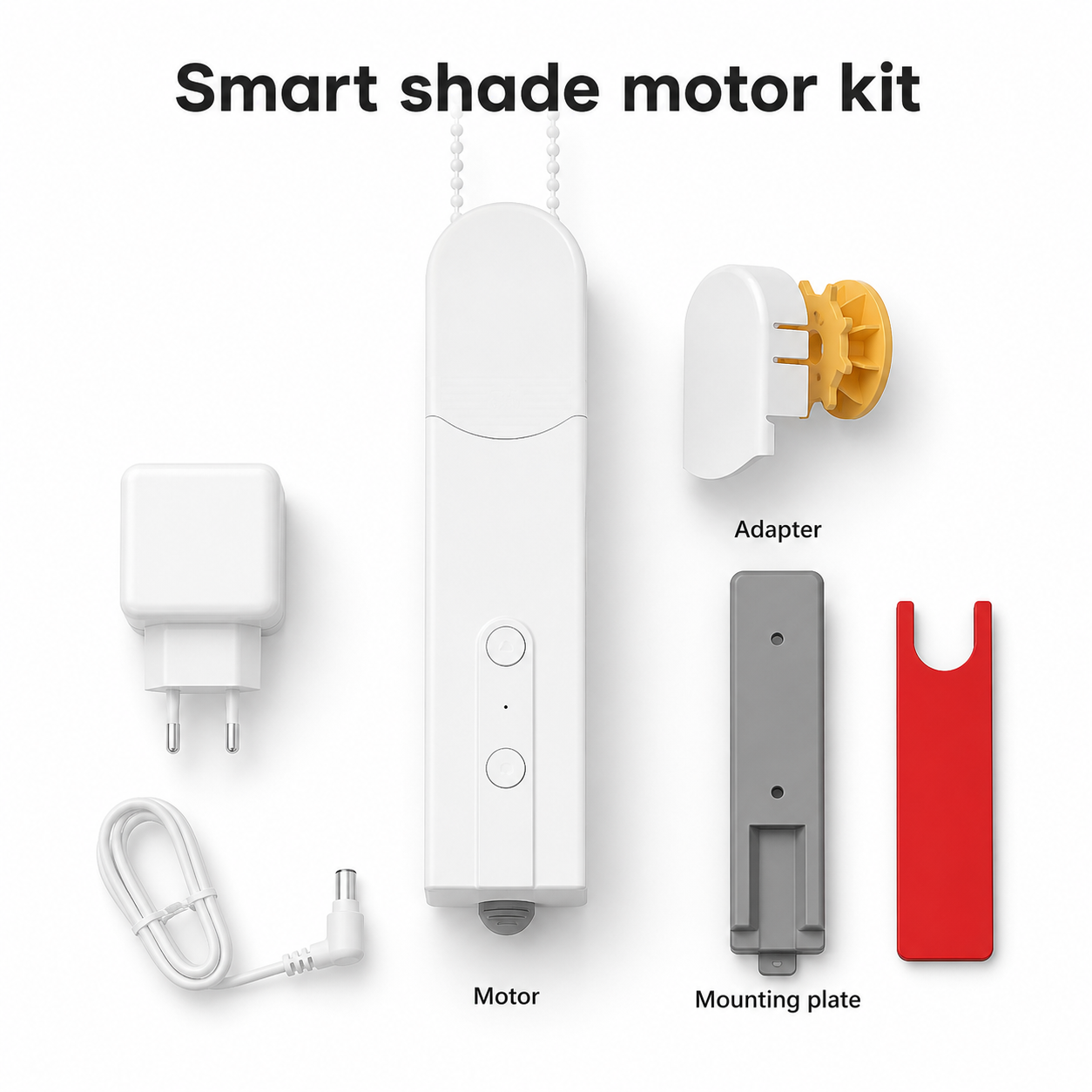 Smart shade motor kit with power adapter, mounting plate and installation accessories
