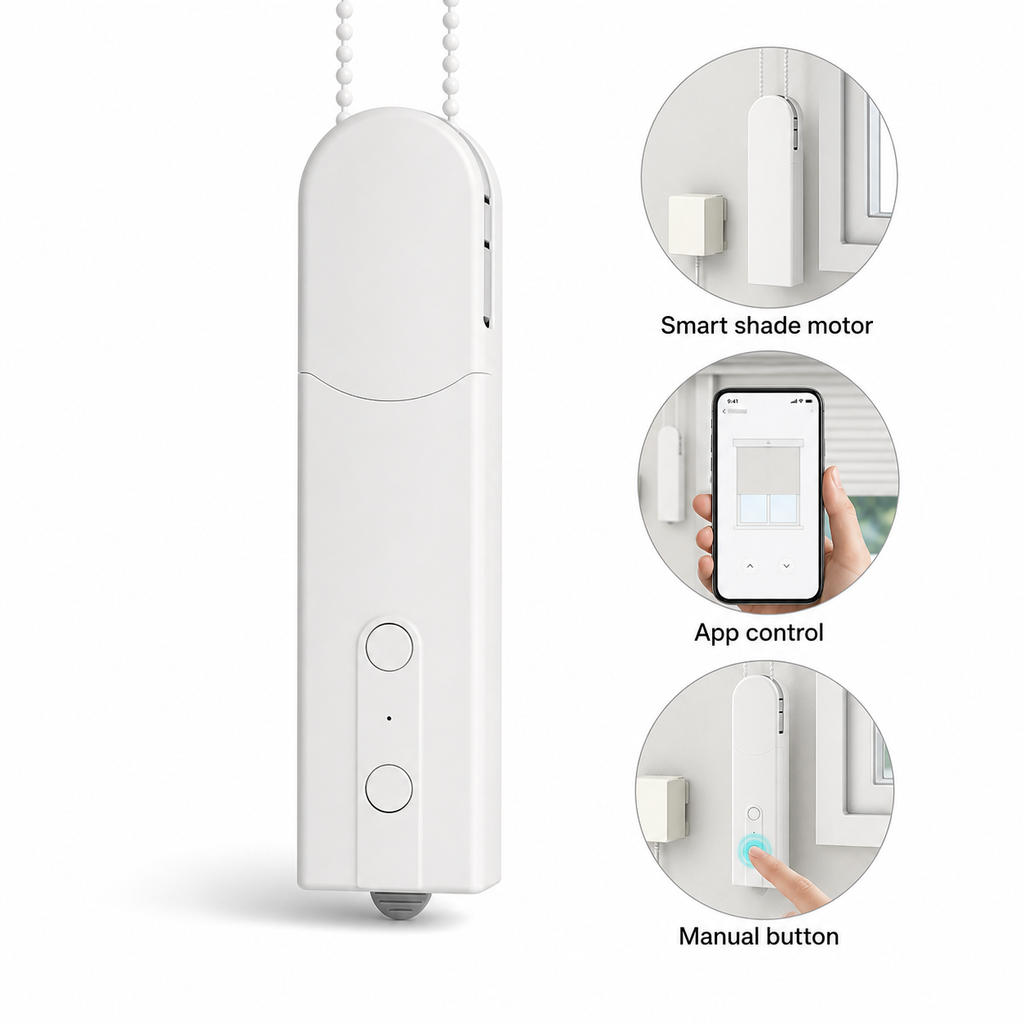 Studio packshot of NéoShade DIY Plus Comfort smart shade motor with app and manual control details